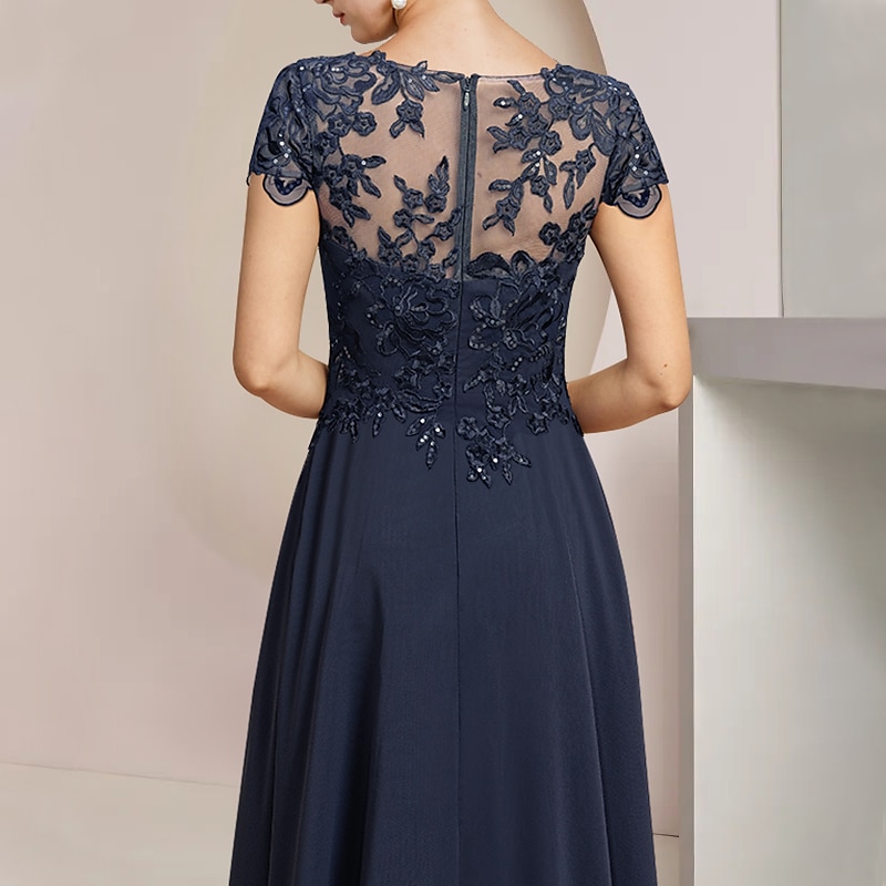 A-Line Mother of the Bride Dress Formal Wedding Guest Elegant High Low Scoop Neck Asymmetrical Tea Length Chiffon Lace Short Sleeve with Sequin Appliques free custom size 2025 - $167.99 –P4