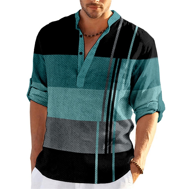 Men's Striped Geometric Pattern Geometry Shirt Button Up Shirt Long Sleeve Fashion Streetwear Designer Casual Going out Summer Spring Fall Stand Collar Print Blue-Green Yellow Black / Purple Red 2025 - $24.99 –P7