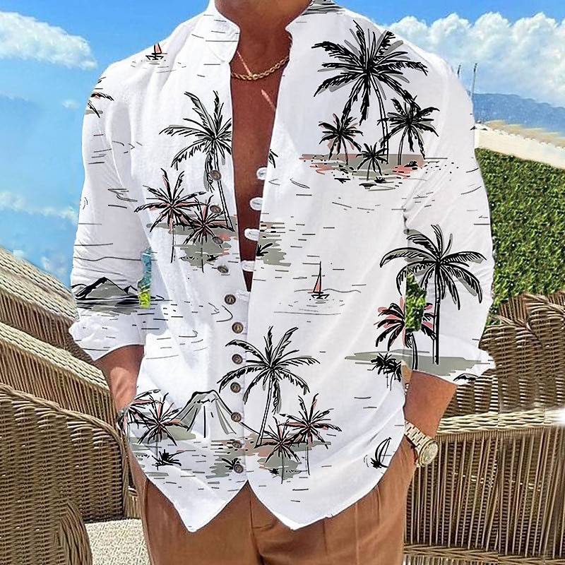 Voor heren Kokosnootboom Tropische planten Overhemd Hawaiiaans overhemd Aloha-shirt Lange mouw Overhemd Opstaand Modieus Ontwerper Casual Buiten Vakantie Straat Wit Blozend Roze blauw S M L 2025 - $26.99 –P1