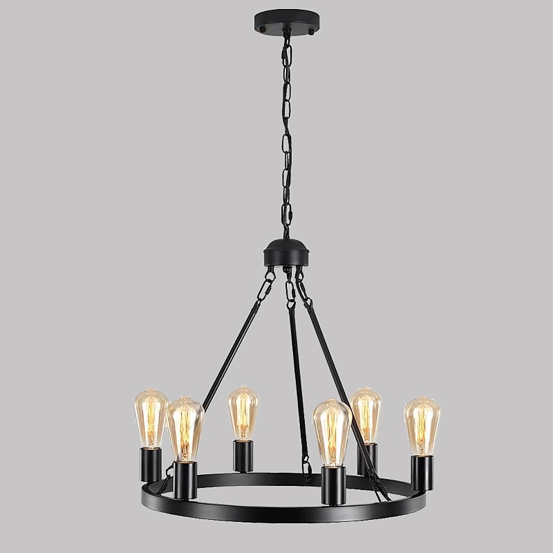 svart matt lysekrone 6-lys vognhjul lysekrone 21" gårdshus anheng lysekroner armatur moderne industriell lysekrone for stue spisestue kjøkken øy entré foaje bar 110-240v 2025 - $275.09 –P9