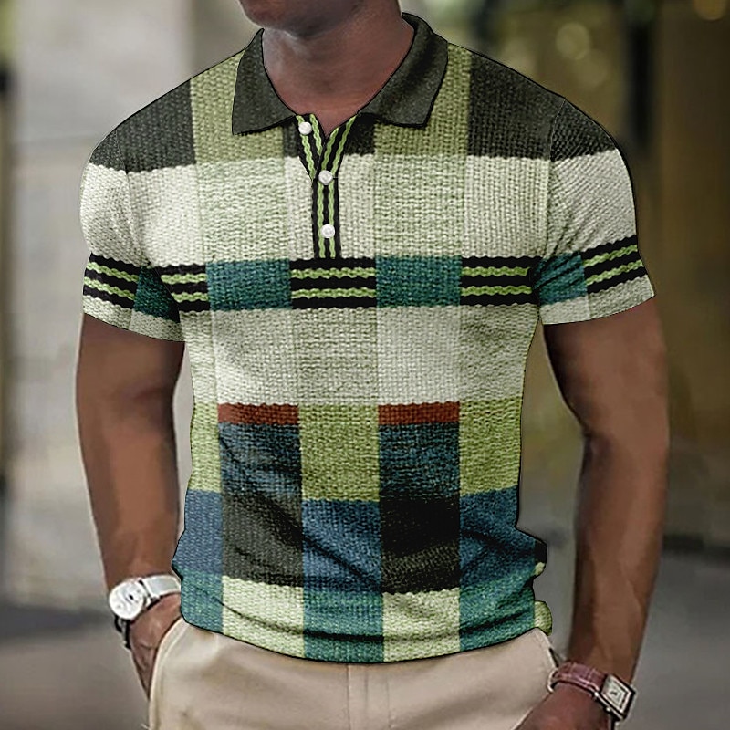 【DISCERNMENT】Loading waffle polo T-shirt Men's Plaid Waffle Polo Shirts Golf Shirt Short Sleeve Polo