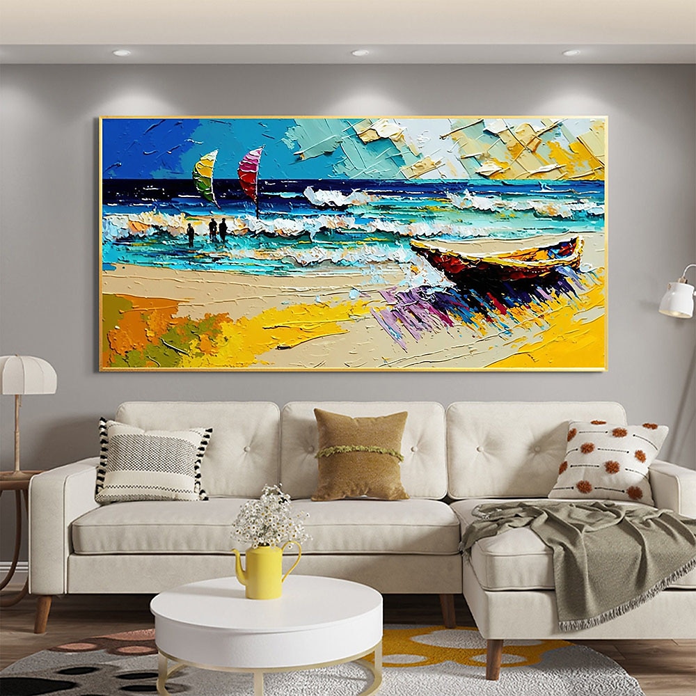 Handgefertigtes, handgemaltes Ölgemälde, Original-Sonnenschein-Ozean-Ölgemälde auf Leinwand, extra großes Wandkunst, abstraktes weißes Wellengemälde, Boho-Wanddekoration, gerollte Leinwand, kein 2025 - $69.99 –P10