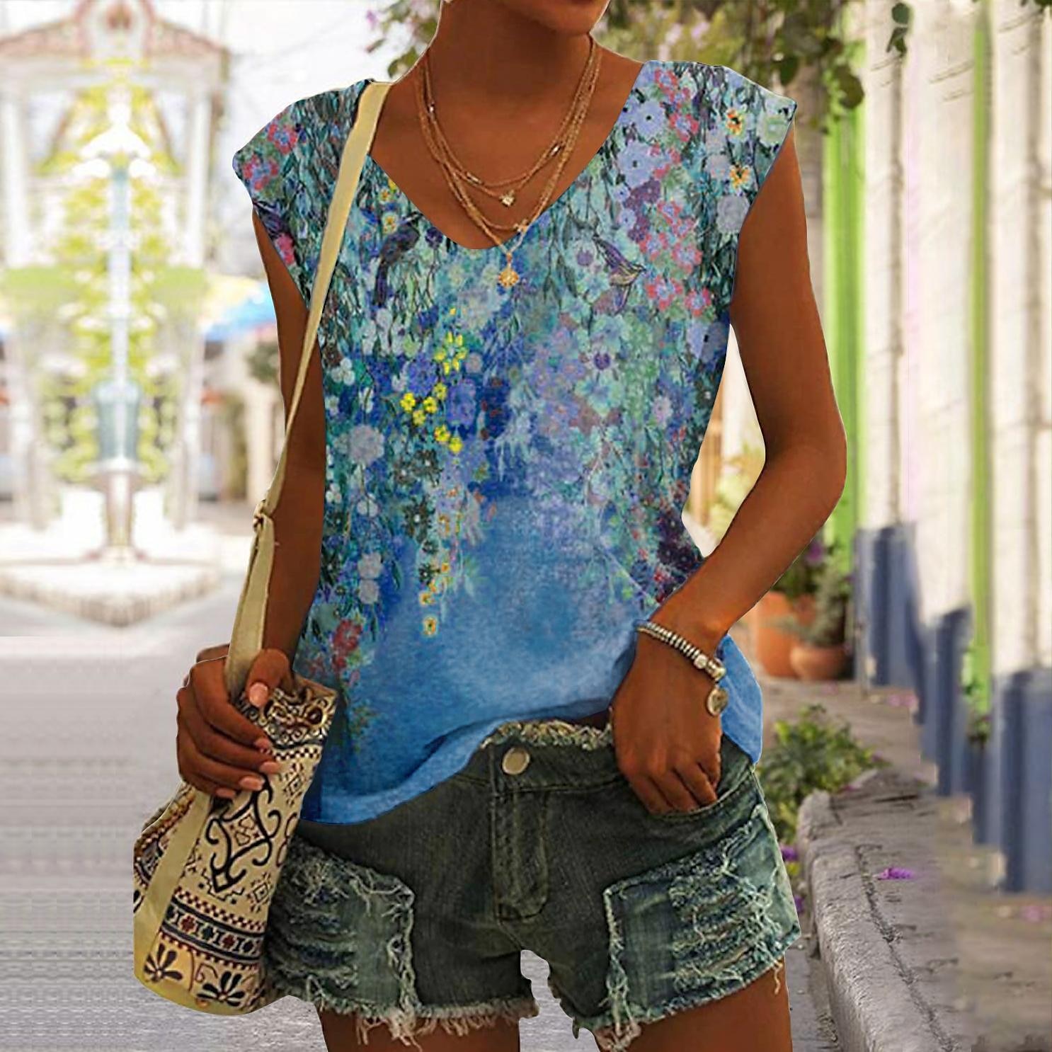Dames Singlet Bloemig Rood blauw Groen Afdrukken Mouwloos Feestdagen Basic V-hals Normale pasvorm 2025 - $13.49 –P2
