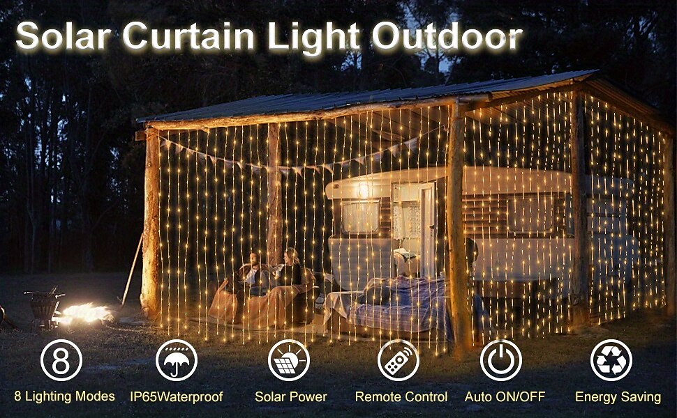 3*3M 300 LEDs Solar Curtain Light Outdoor Remote Control Light 8 Lighting Modes Fairy Lights IP65 Waterproof Leather Thread Lights Christmas Party Wedding Home Bedroom Garden Wall Decor 2025 - $34.99 –P12