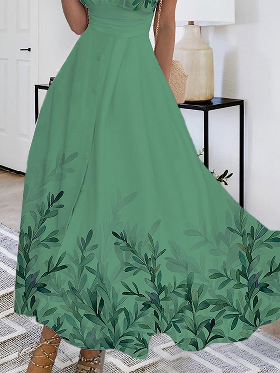 Robe Maxi Femme Robe Décontractée Imprimé Feuille Col V Maxi Long Robe Décontractée Quotidien Rendez-vous Sans Manches Été Printemps de 2025 ? $51.99 –P3