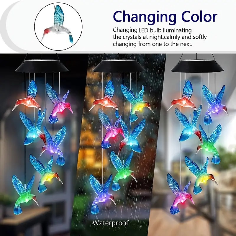 Led Colorful Solar Power Wind Chime Crystal Hummingbird Butterfly  Waterproof Outdoor Windchime Solar Light For Garden Patio