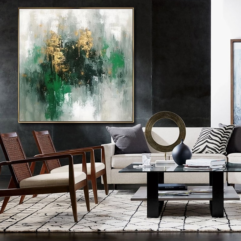 Handgefertigtes Ölgemälde auf Leinwand, Wandkunst, Dekoration, handbemalt, modernes, grünes, goldenes, abstraktes Gemälde für die Inneneinrichtung, gerolltes, rahmenloses, ungedehntes Gemälde 2025 - $85.99 –P3