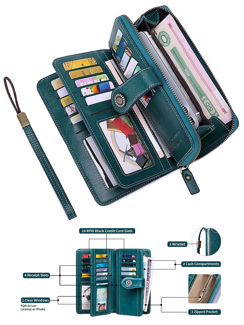 RFID-blokkerende portemonnee van imitatieleer voor dames - grote clutch met rits, 24 kaartsleuven en polsbandje 2026 - $24.99 –P1