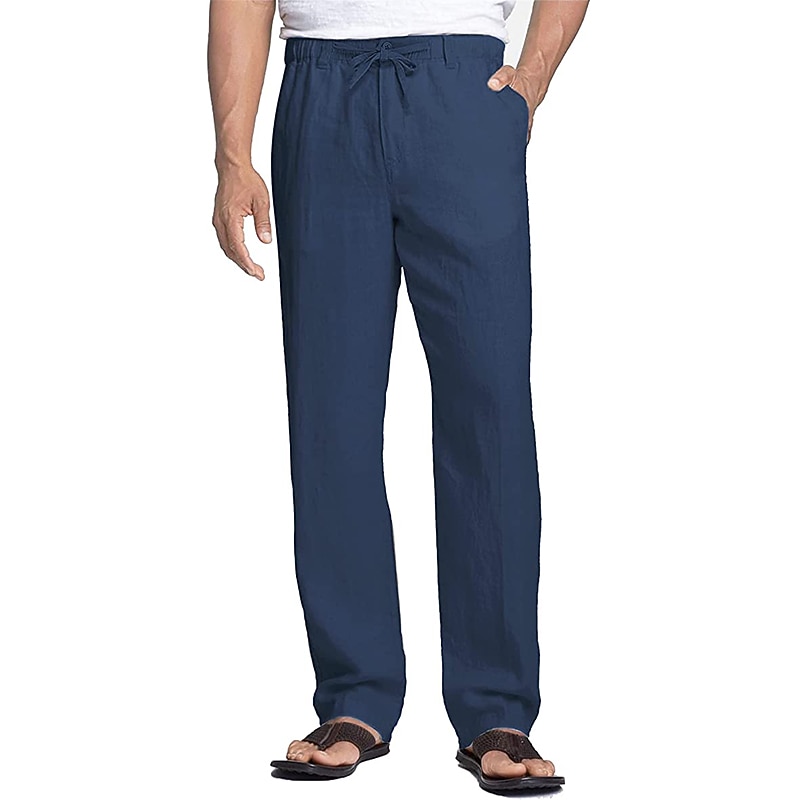 Herr Linne Byxor Långbyxor Casual byxor Sommarbyxor Strandbyxor Ficka Elastisk midja Slät Komfort Mjuk Dagligen Utomhus Utekväll Mode Ledigt Blå Kaki 2026 - $24.99 –P8