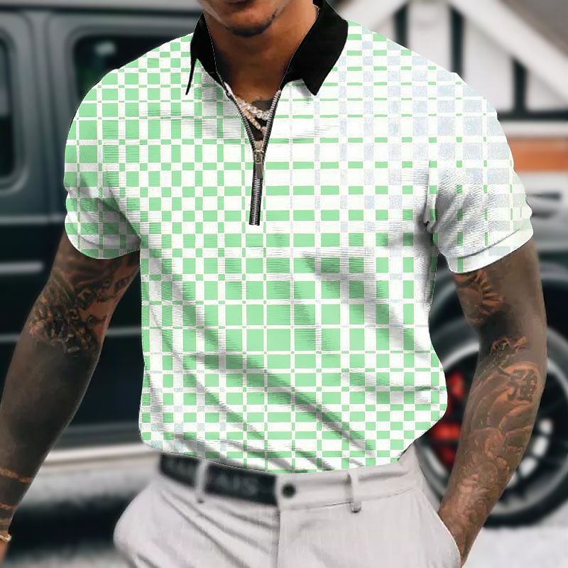 Men'S Spring And Summer Short-Sleeved Zipper Lapel Houndstooth