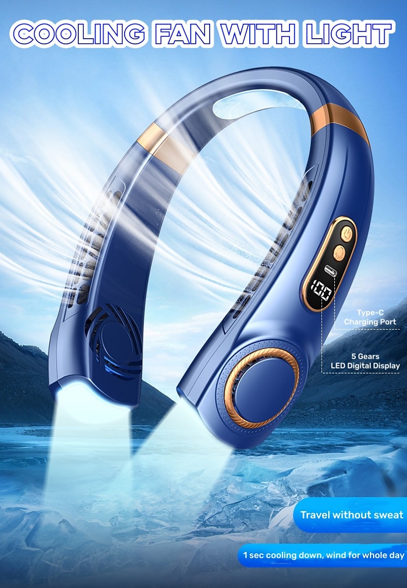 Portable Hanging Neck Fan with Colorful Light USB Charging 5 Gears Brush Motor Leafless Hanging Neck Fan Rechargeable Mute Refrigeration Air Conditioning Outdoor Cooling Fan 2025 - $23.99 –P5