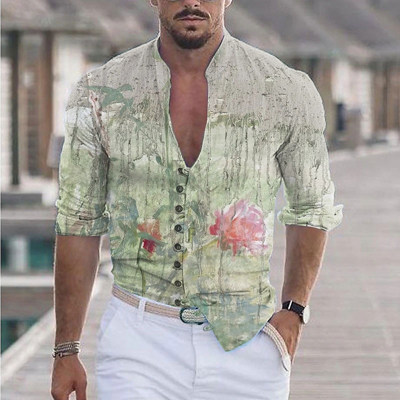 Per uomo Floreale Stampe Grafiche Camicia Manica Lunga Camicia Collo alla coreana Casuale Quotidiano Blu Bianco Giallo Azzurro Stampato Abbigliamento Moda Streetwear Designer Casual del 2026 a $26.99 –P9