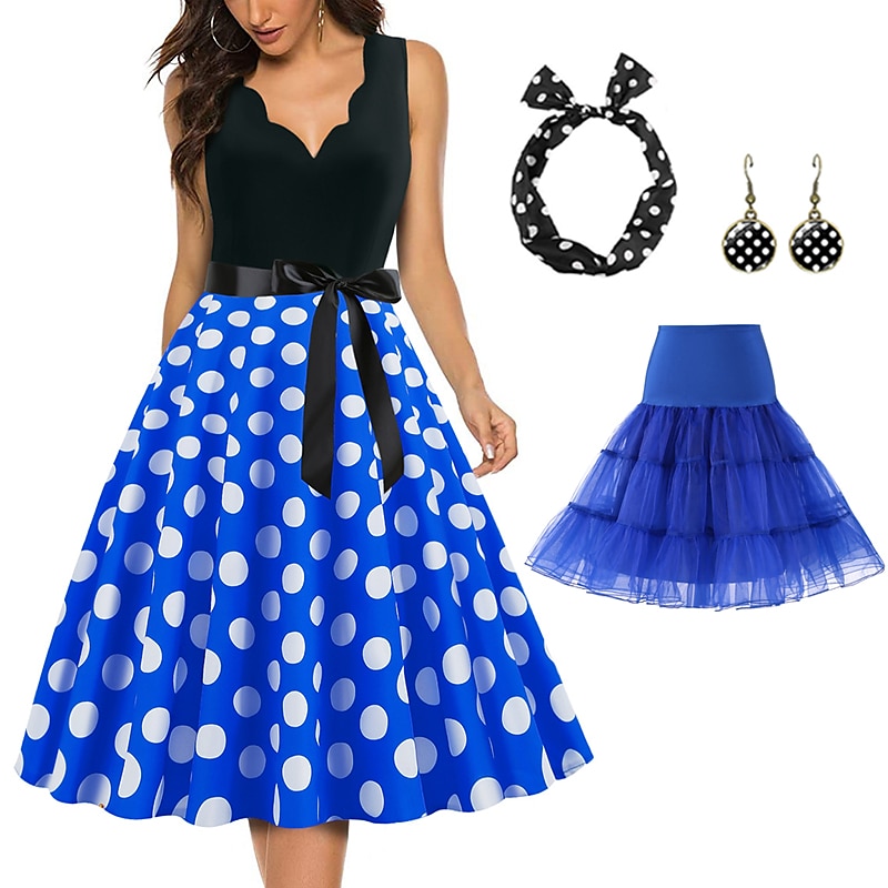 Retro Vintage 1950-es évek Grease kosztümök Rockabilly Tüll szoknya Gyűrűs szoknya A-vonalú ruha Tutu Pöttyös Fancy ruha Női Király nap buli  esti álarcosbál Felnőtt ruha Fülbevalók Fejdísz Tavasz 2025 - $16.99 –P3
