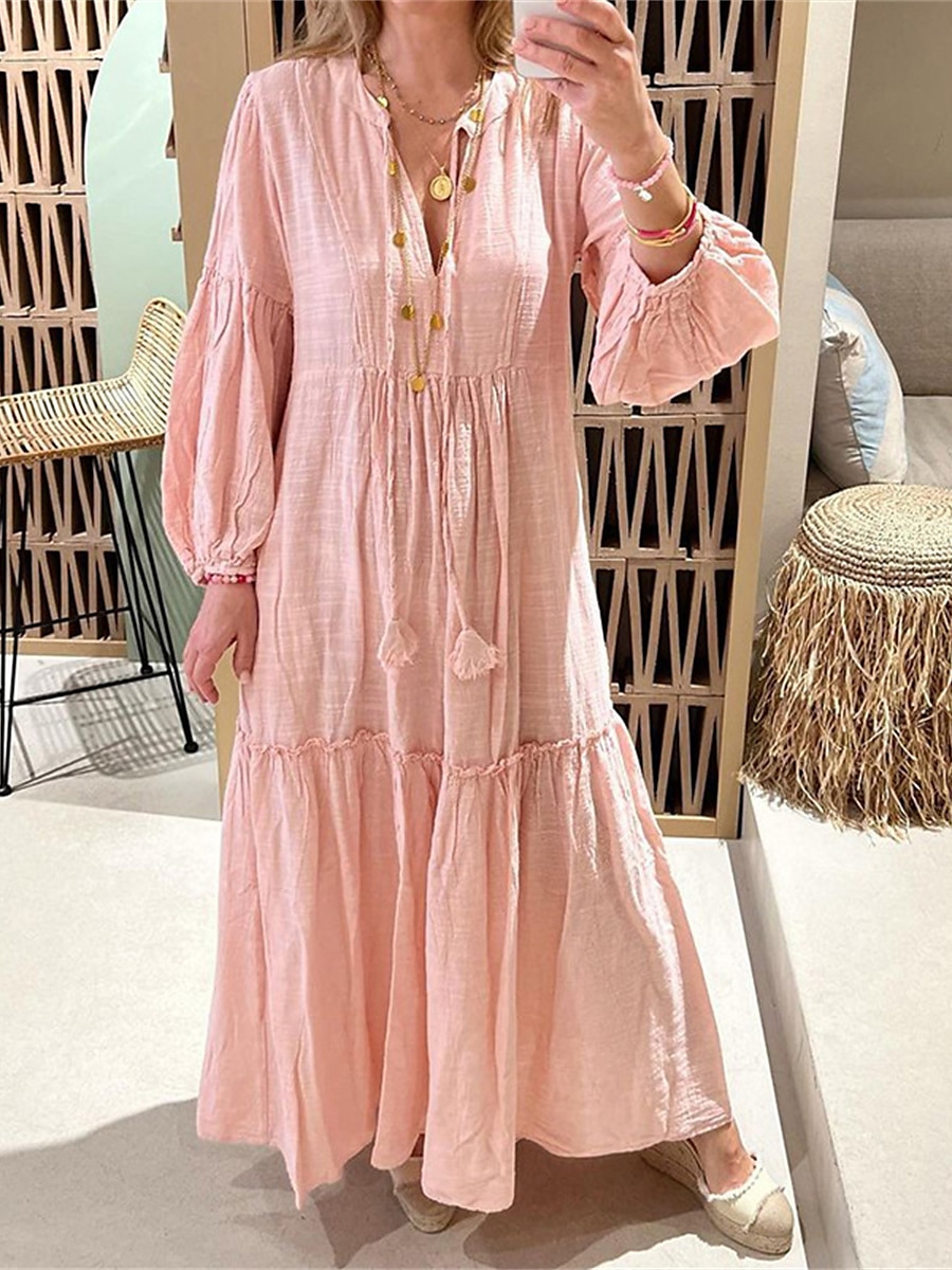 Women's Casual Dress Cotton Linen Dress Swing Dress Maxi long Dress Cotton Blend Basic Casual Outdoor Daily Vacation V Neck Pocket Cut Out Long Sleeve Summer Spring Fall 2023 Regular Fit Pink Plain S 2023 - US $28.99 –P1