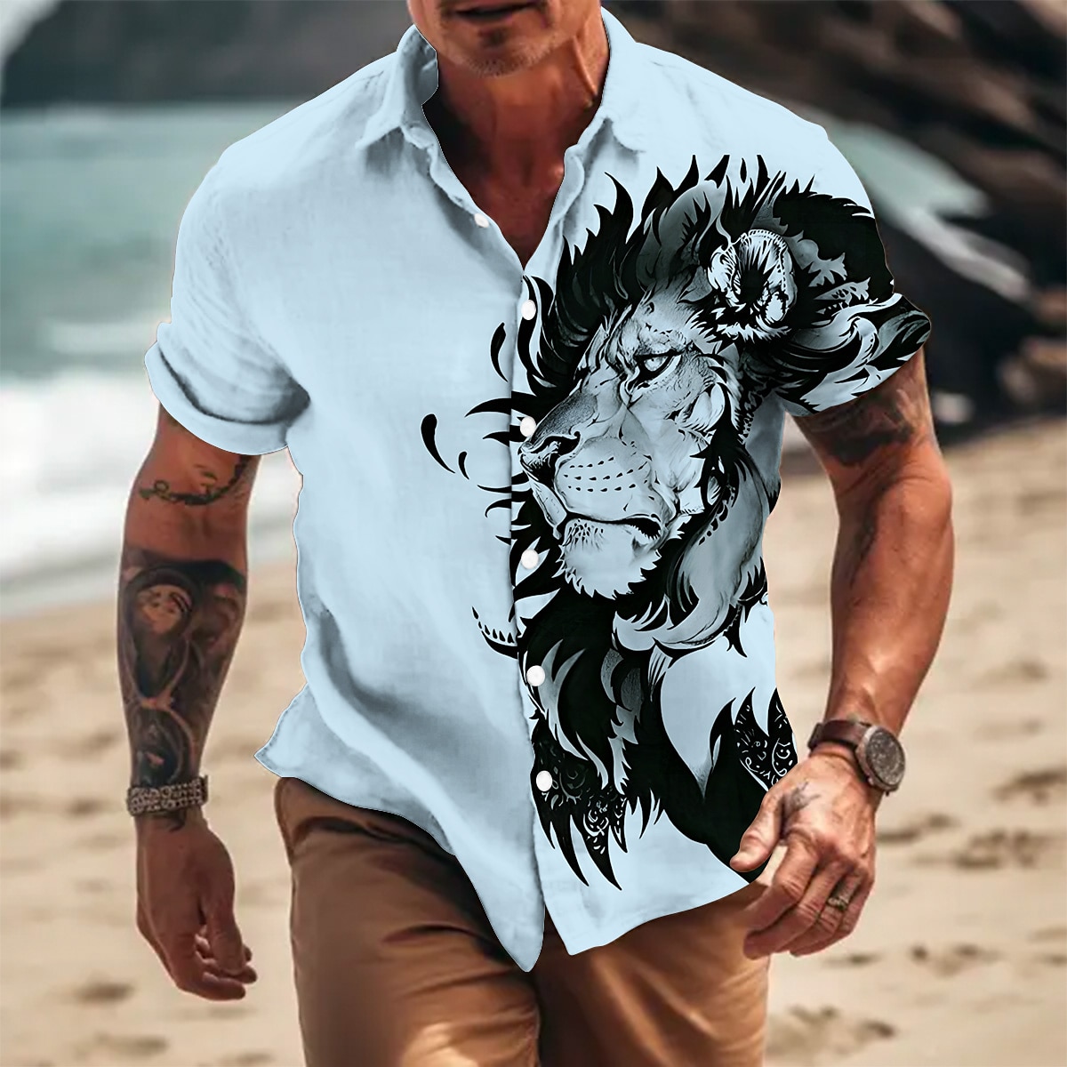 Per uomo Animali Leone Camicia Camicia con bottoni Manica corta Di tendenza Originale Informale Esterno Informale Estate Primavera Collo ripiegabile Stampa Blu Marrone Cachi Grigio del 2025 a $24.99 –P4
