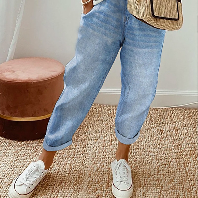 Women's Jeans Wide Leg Linen Pants Full Length Side Pockets Micro-elastic High Waist Fashion Basic Street Vacation Blue S M 2023 - US $19.99 –P2