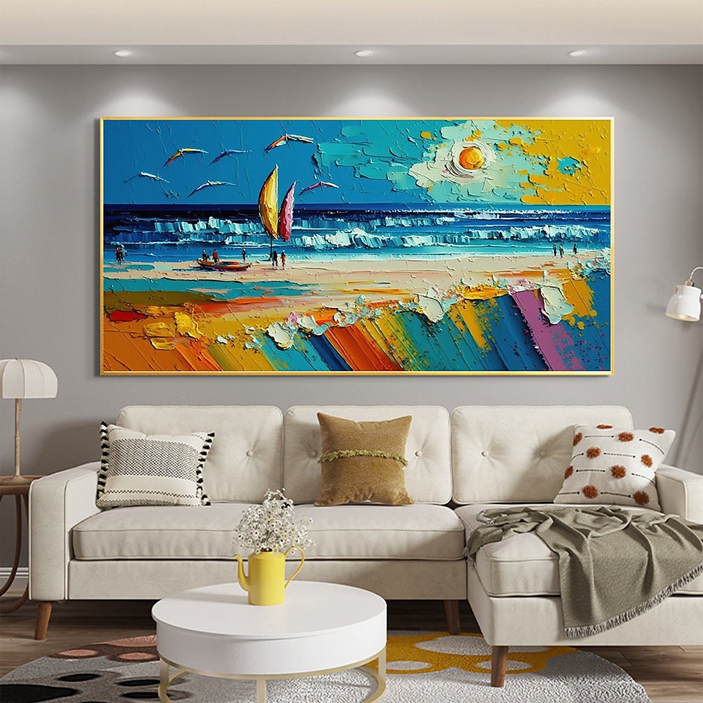 Handgefertigtes, handgemaltes Ölgemälde, Original-Sonnenschein-Ozean-Ölgemälde auf Leinwand, extra großes Wandkunst, abstraktes weißes Wellengemälde, Boho-Wanddekoration, gerollte Leinwand, kein 2025 - $69.99 –P8