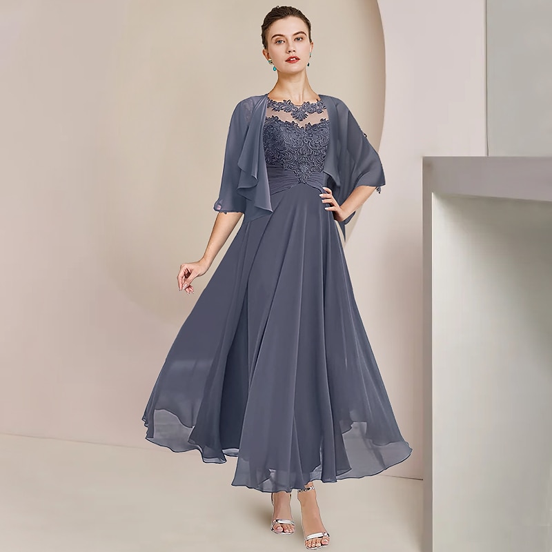 Dvoudílné A-line šaty matky nevěsty formální svatební host elegantní lodičkový krk čajová délka šifon krajka 3/4 délky rukávu s aplikacemi řasením zahrnutým s volným vlastním rozměrem 2025 - $167.99 –P5