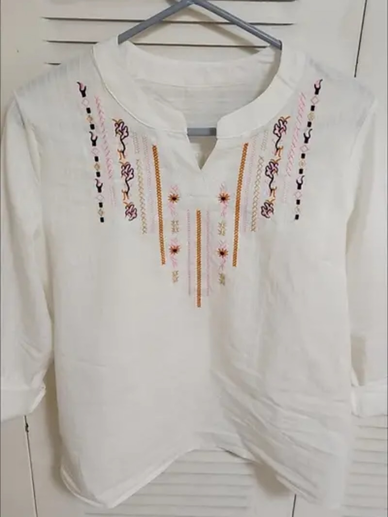 Damen Hemd Kunstbaumwollleinen Stickerei Ethnisch Elegant Mode V Ausschnitt Weiß Sommer Frühling Herbst 2026 - $21.99 –P5