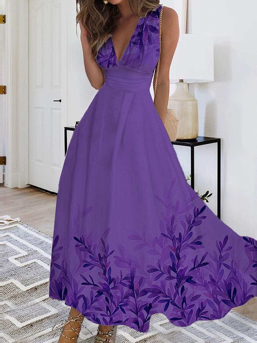 Robe Maxi Femme Robe Décontractée Imprimé Feuille Col V Maxi Long Robe Décontractée Quotidien Rendez-vous Sans Manches Été Printemps de 2025 ? $51.99 –P6