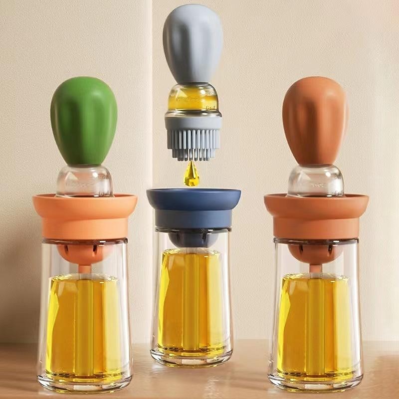 2 In 1 Oil Bottle with Brush Glass Sauce Container Cooking Oil Dispenser  for Kitchen Cooking Frying Bbq Air Fryer Marinating