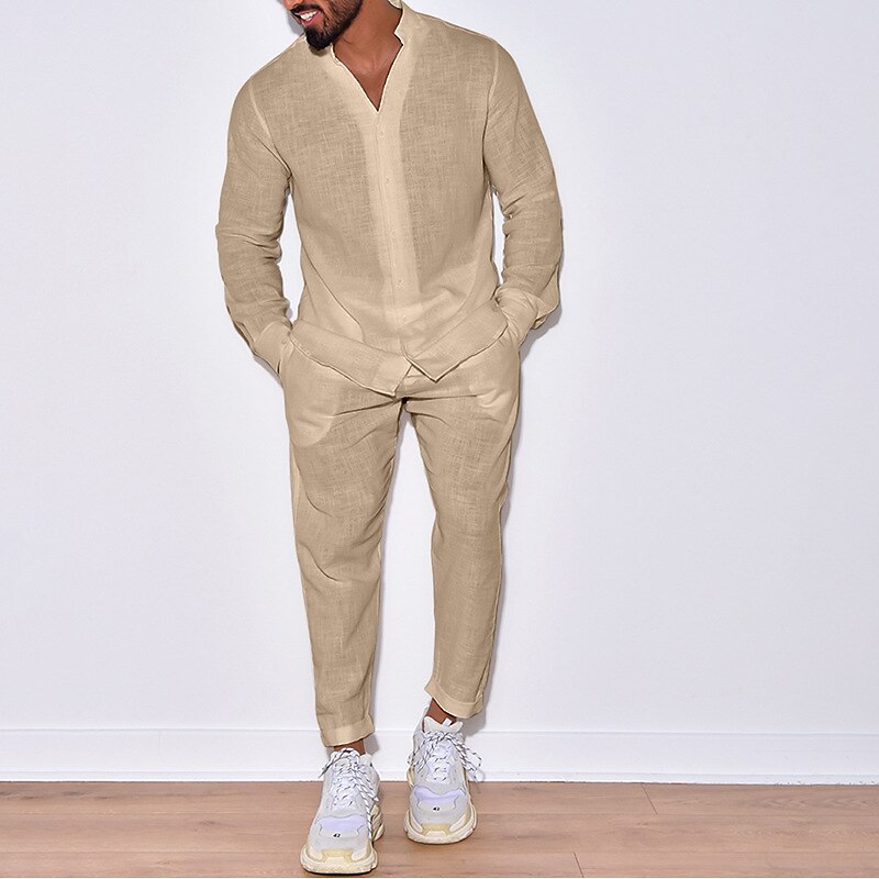 Per uomo 2 pezzi Completo di camicia Camicia estiva Camicia da spiaggia Nero Bianco Beige Manica lunga Liscio Colletto alla coreana Primavera estate Hawaiano Per eventi Abbigliamento Tasche del 2025 a $58.99 –P5