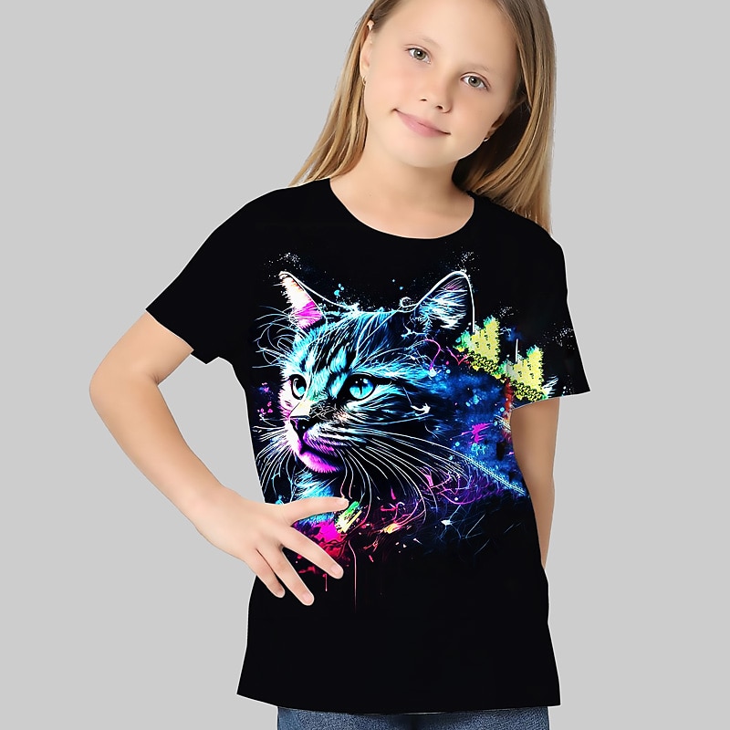 T-shirt Enfants Fille Graphic Extérieur 3D effet Manche Courte Col ras du cou Actif 7-13 ans Eté Argent Noir de 2026 ? $11.99 –P7