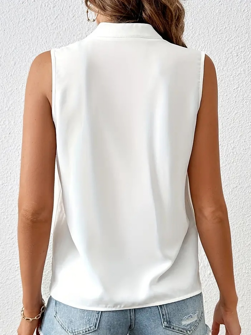 Womens Camisola Tank Top Plissada Envolvente Cetim Sólido  Simples Cor Básica Casual Decote V Sem Mangas Verão Preto Branco de 2025 por $24.99 –P3
