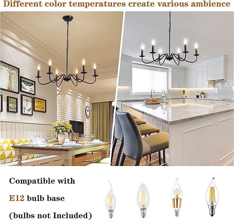 Candelabro preto de 6 luzes lustres de ferro industriais rústicos iluminação para cozinha, sala de jantar, sala de estar, quarto, 35 polegadas, e12,110-240v de 2026 por $230.29 –P4
