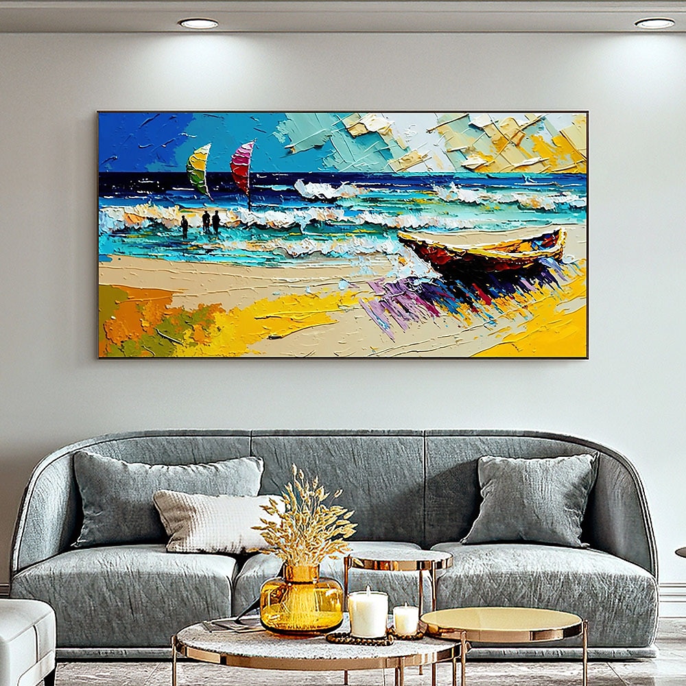 Handgefertigtes, handgemaltes Ölgemälde, Original-Sonnenschein-Ozean-Ölgemälde auf Leinwand, extra großes Wandkunst, abstraktes weißes Wellengemälde, Boho-Wanddekoration, gerollte Leinwand, kein 2025 - $69.99 –P9