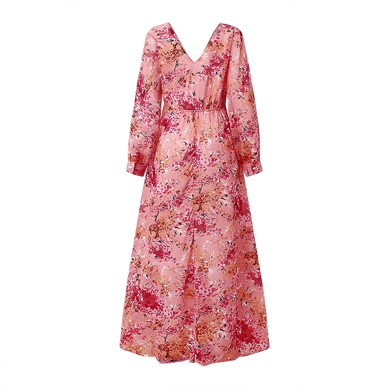 damen swingkleid maxi langes kleid rosa langarm floral print frühling sommer tiefes v elegant boho 2022 s m l xl xxl xxxl 2025 - $33.99 –P6