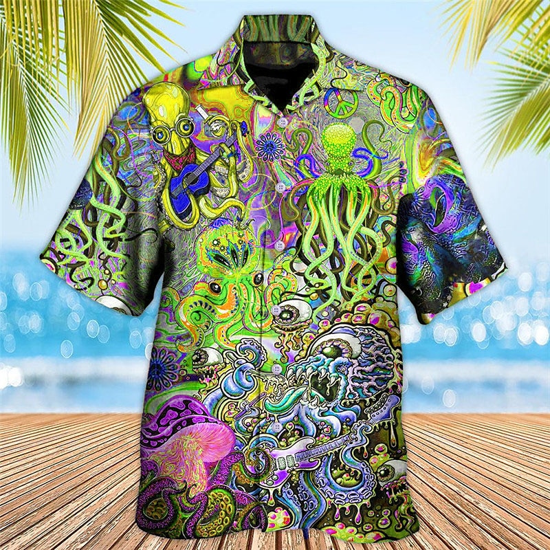 Męskie Tropikalny Gitara Ośmiornica Koszula Koszula hawajska Koszula Aloha Krótki rękaw Koszula Wieczorne Tropikalny Moda Hawajskie Codzienny Hawajskie Święto Żółty Czerwony Fioletowy S M L 2025 - $24.99 –P5
