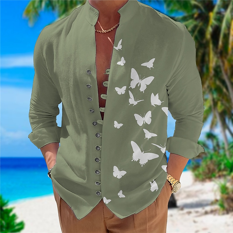 Herr Fjäril Skjorta Hawaii skjorta Aloha skjorta Långärmad Skjorta Hög krage Mode Designer Ledigt Utomhus Semester Gata Svart Vit + Svart Vit S M L 2025 - $24.99 –P2