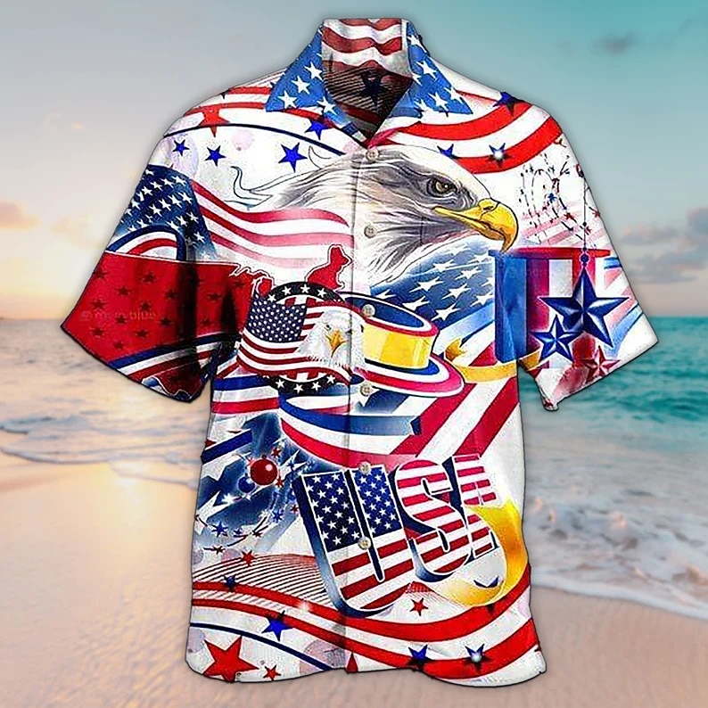 Amerikai függetlenség napja Férfi Sas Amerikai zászló Ing Hawaii ing Gombos póló Rövid ujjú Hawaii Dizájn Alkalmi Szabadtéri Hétköznapi Napi Tavaszi nyár Térfogatcsökkenés Gomb lefelé Fekete Fehér 2025 - $24.99 –P5