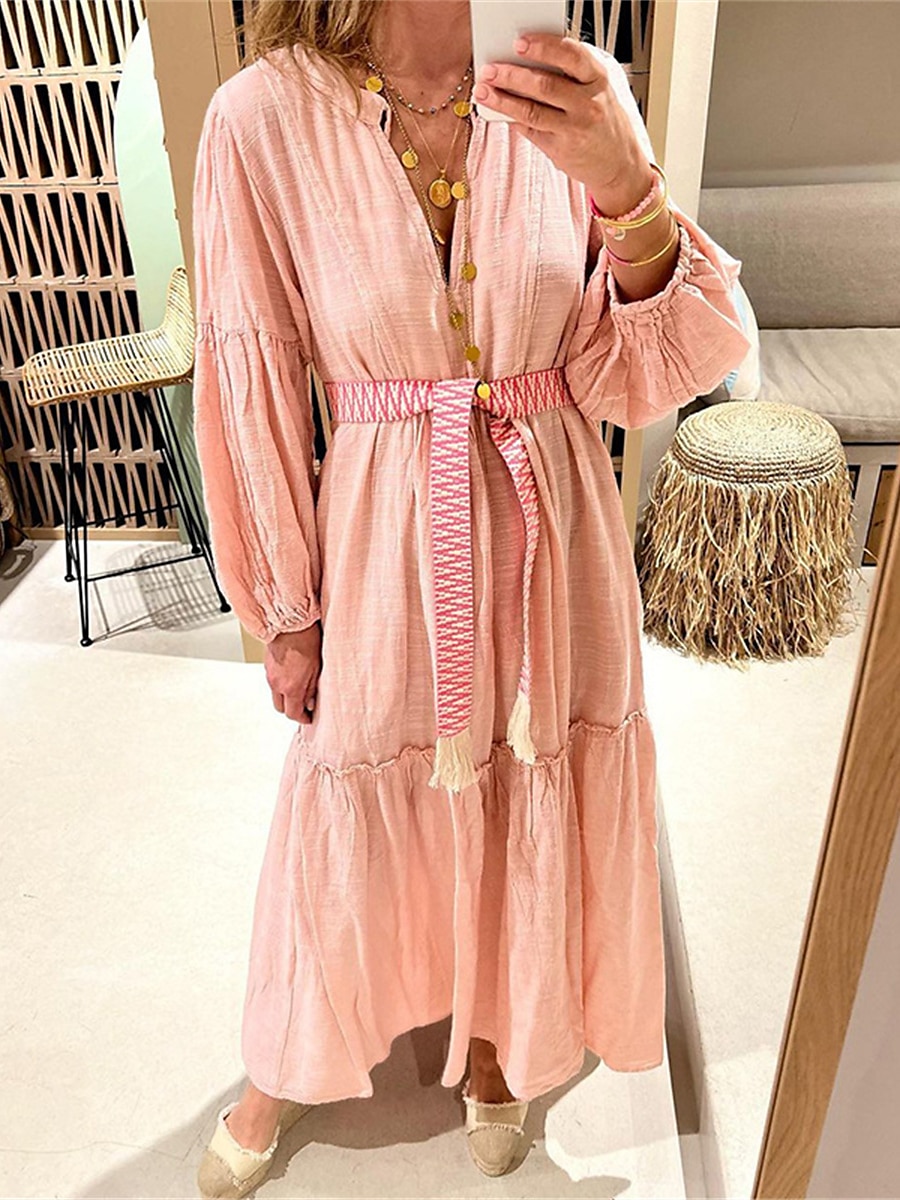 Women's Casual Dress Cotton Linen Dress Swing Dress Maxi long Dress Cotton Blend Basic Casual Outdoor Daily Vacation V Neck Pocket Cut Out Long Sleeve Summer Spring Fall 2023 Regular Fit Pink Plain S 2023 - US $28.99 –P3