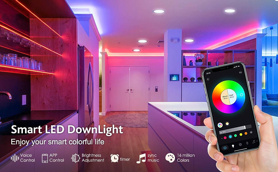 תאורת led שקועה חכמה rgbcw תאורה Wi-Fi משתנה בצבע פח אורות עם עיטור בפלפל פנס שיפוץ downlight תואם עם alexa&amp; שליטה באפליקציה של Google Assistant 2025 - $28.99 –P9