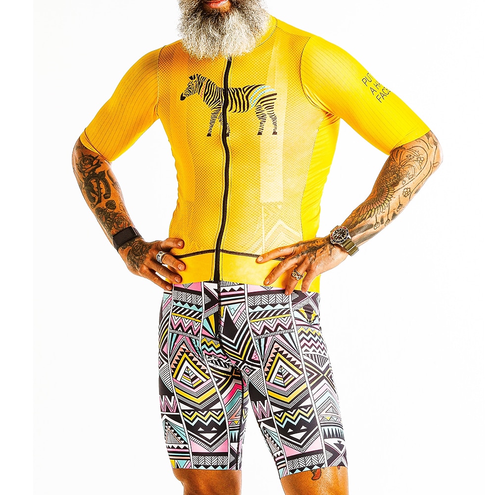 Homens Camisa com Bermuda Bretelle Manga Curta Ciclismo de Montanha Ciclismo de Estrada Verão Amarelo Geométrica Moto Tapete 3D Secagem Rápida Bolso Traseiro Pavio Humido Respirável Elastano Esportes de 2026 por $49.99 –P1
