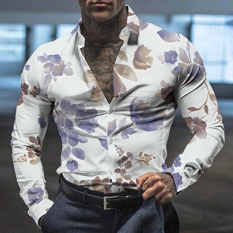 Herren Blumen Hemd Knopfhemd Langarm Modisch Designer Brautkleider schlicht Outdoor Casual Festtage Sommer Frühling Umlegekragen Bedruckt Button-Down Weiß Blau Braun Khaki 2025 - $26.99 –P4