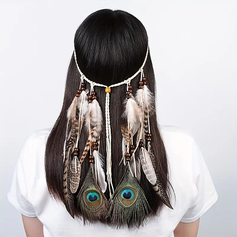 hermosa diadema bohemia de plumas de pavo real, perfecta para gitanos indios & ¡estilo hippy! 2025 - $14.99 –P2