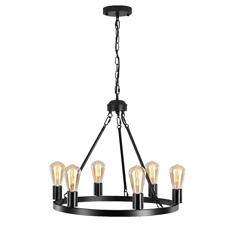 svart matt lysekrone 6-lys vognhjul lysekrone 21" gårdshus anheng lysekroner armatur moderne industriell lysekrone for stue spisestue kjøkken øy entré foaje bar 110-240v 2025 - $275.09 –P8