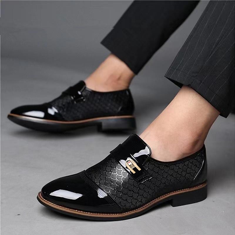 Men’s Black Patent Faux Leather Loafers with Textured Scale Pattern and Metal Buckle, Elegant Slip-On Dress Shoes for Weddings, Business and Formal Events 2025 - $42.99 –P1