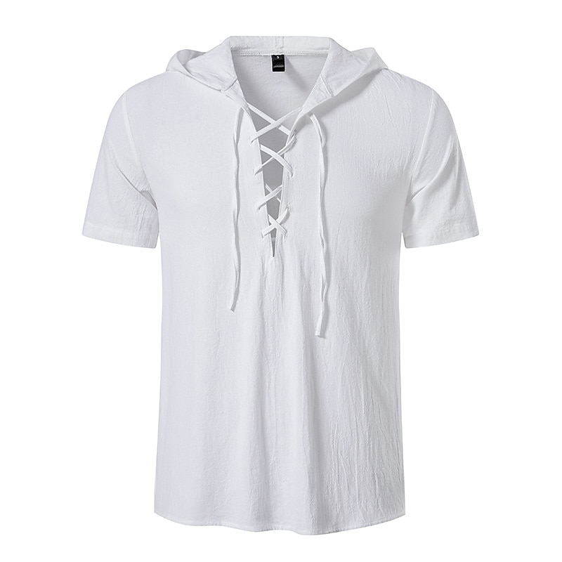 t-shirt vichinga medievale in cotone a maniche corte con cappuccio camicie da uomo in stile retrò con lacci hippie abbinati al costume larp del 2025 a $37.99 –P14