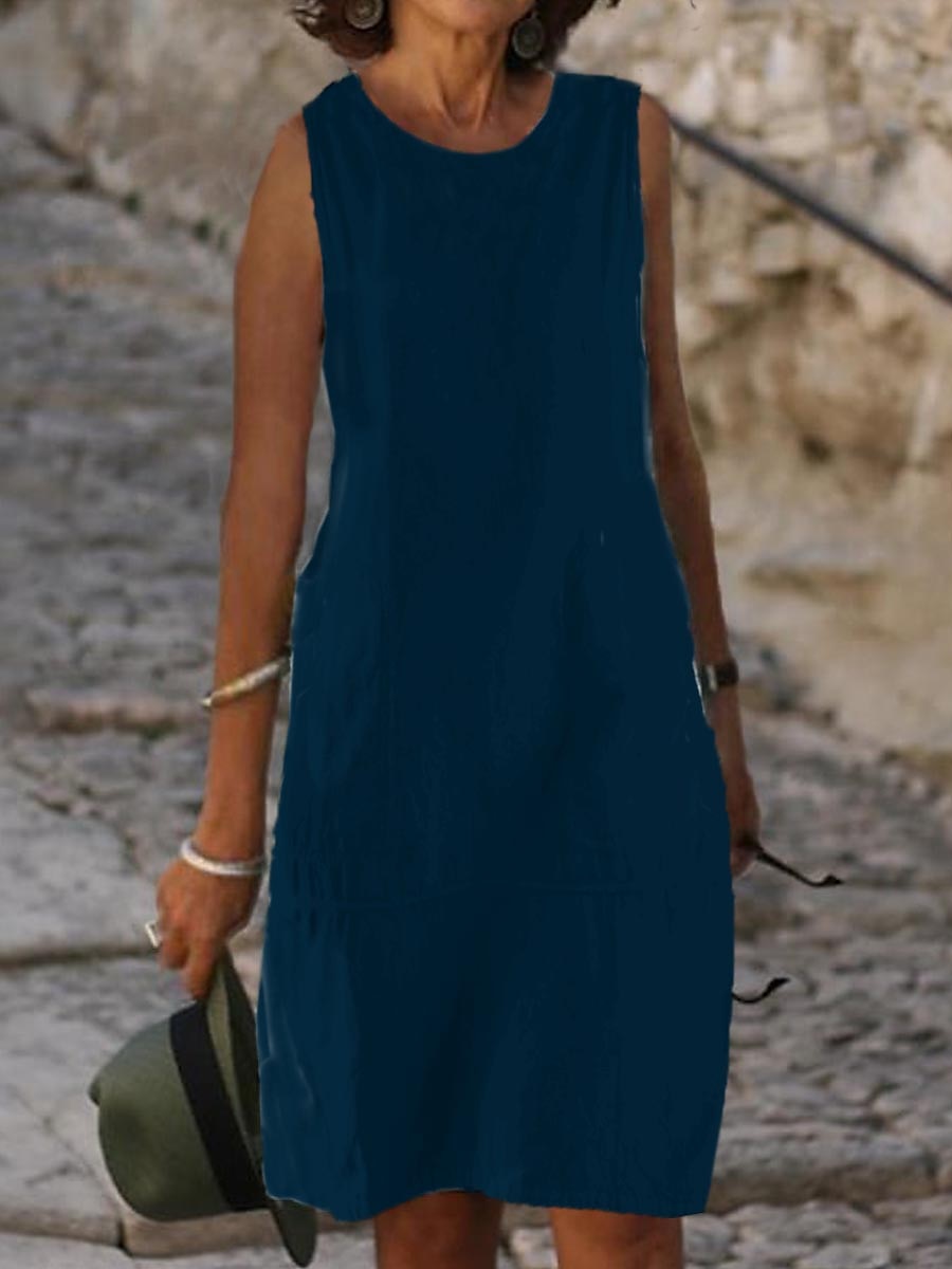 Women's Light Blue Black White Summer Spring Midi Dress White Dress Cotton Linen Dresses Sundress Classic Casual Vacation Daily Loose Fit Plain U Neck 2025 - $32.99 –P10
