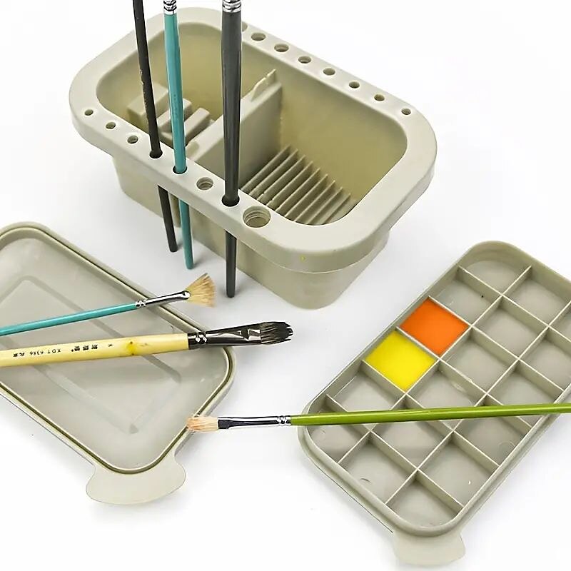 1 conjunto multifuncional 3 em 1 balde de caneta de lavagem com suporte de caneta e tampa de paleta de pintura pincel de bacia ferramenta de lavagem de banheira para pintura de arte guache aquarela de 2025 por $18.49 –P3