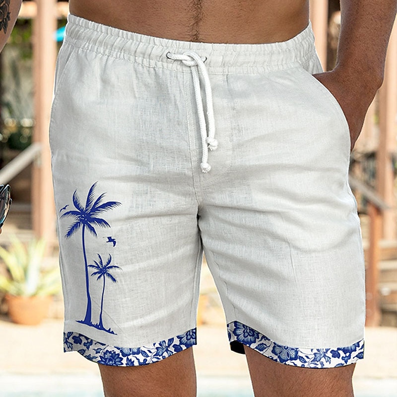 Men's Shorts Summer Shorts Beach Shorts Pocket Drawstring Elastic Waist Coconut Tree Patchwork Comfort Breathable Short Casual Daily Holiday Sports Fashion White Sky Blue 2025 - $18.99 –P1
