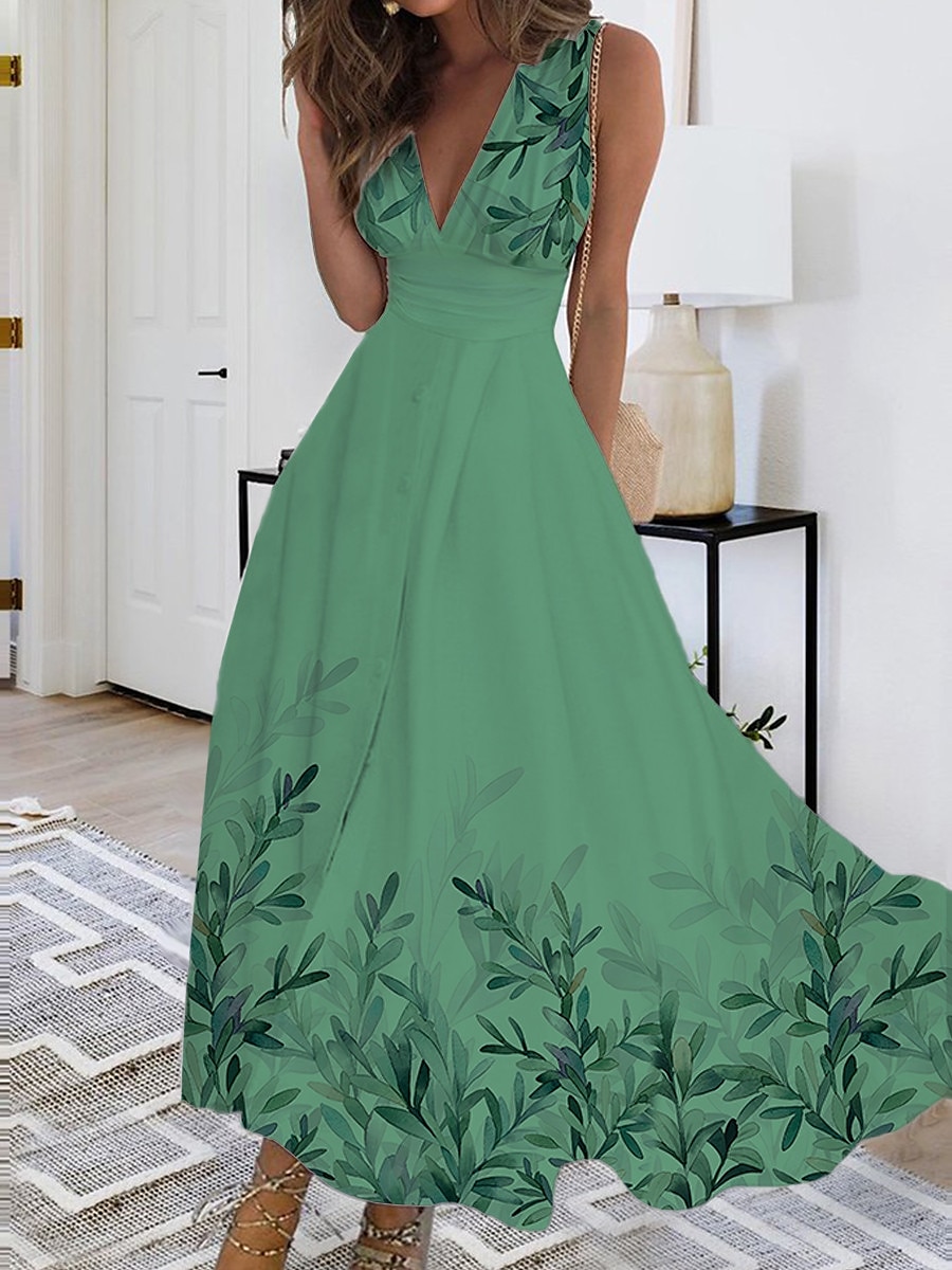 Robe Maxi Femme Robe Décontractée Imprimé Feuille Col V Maxi Long Robe Décontractée Quotidien Rendez-vous Sans Manches Été Printemps de 2025 ? $51.99 –P1