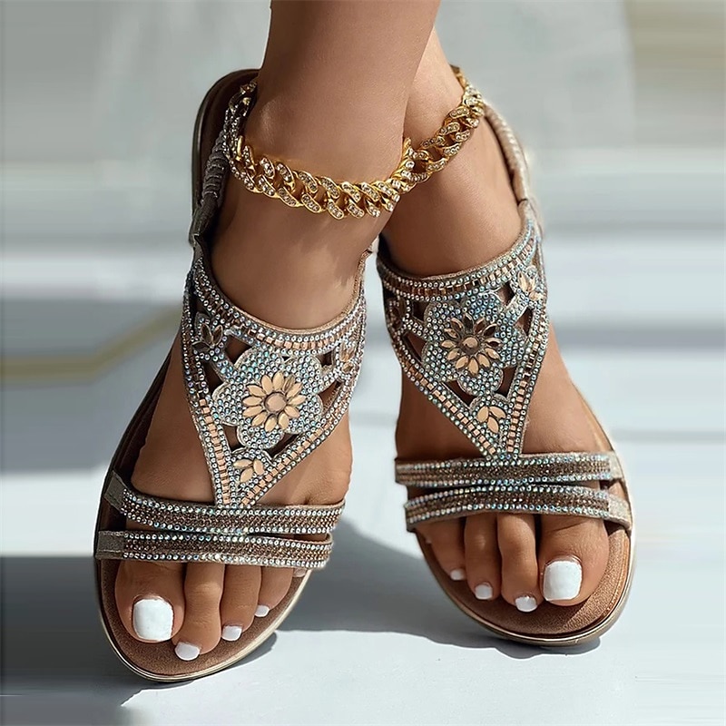 boheme rhinestone sandaler for kvinner – vintage flate sandaler med glamperler med hult blomsterdesign for strand- og sommerklær 2025 - $34.99 –P5