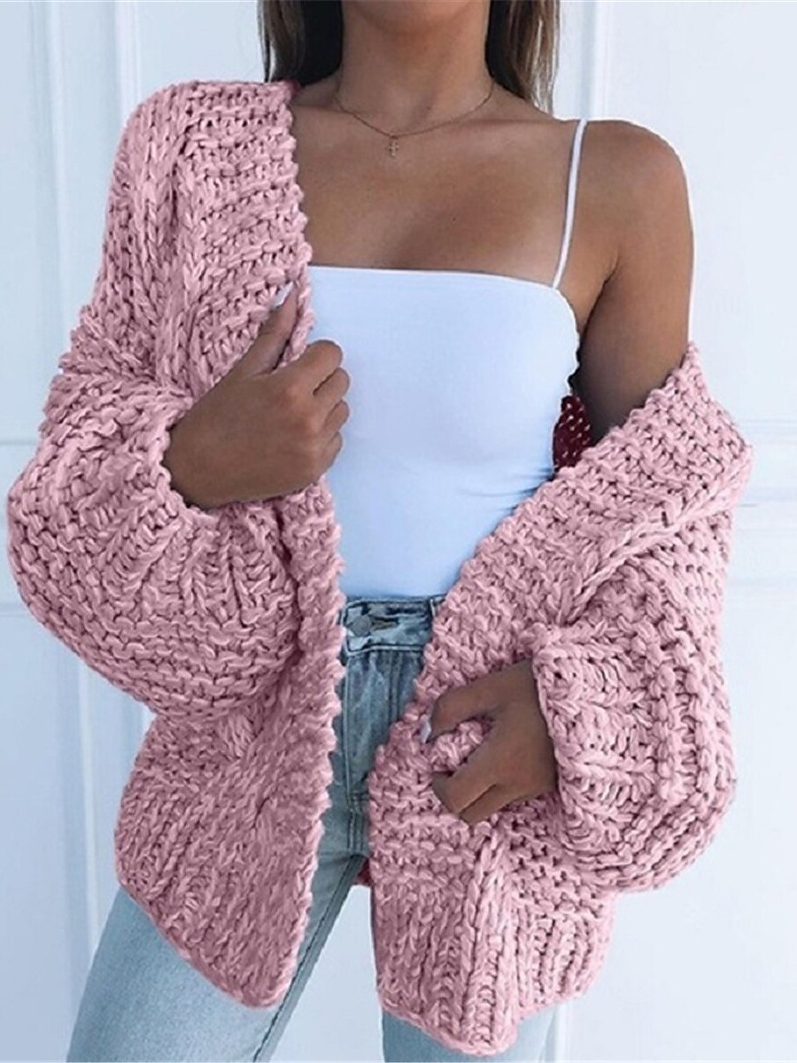 Women's Cardigan Sweater Open Front Cable Knit Acrylic Oversized Summer Spring Daily Going out Weekend Stylish Casual Soft Long Sleeve Solid Color Black White Pink S M L 2023 - US $29.99 –P3