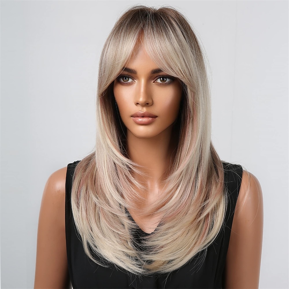 parrucche ombre castane bionde per donne nere parrucche dritte a strati lunghi con frangia d'aria parrucche sintetiche capelli naturali per uso quotidiano parrucche barbiecore del 2025 a $21.99 –P11