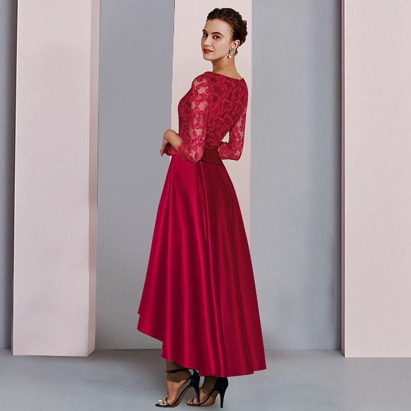 Robe de Mère de la Mariée A-Ligne Invité de Mariage Formelle Élégant Fête Haute Basse Col Échancré Asymétrique Longueur Thé Satin Dentelle Manche 3/4 avec Noeud(s) Plis taille sur mesure gratuite de 2025 ? $166.99 –P2